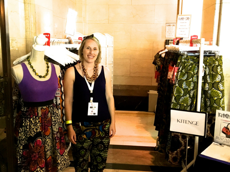 Kitenge founder Sian wearing African Print Trousers on our stall at Africa Fashion Week London 2017 inside Freemasons' Hall Covent Garden