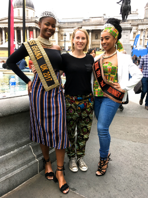 Sian with Miss Ghana UK 2017 and the runner up at Africa on The Square 2017 wearing Kitenge African print trousers