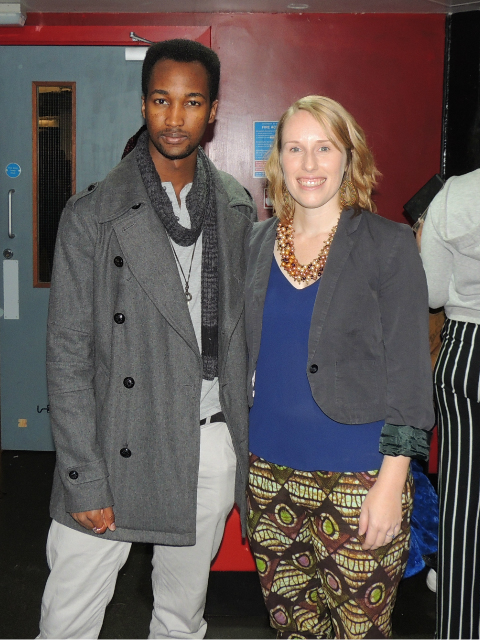 Kitenge Store Founder Sian Wells wearing African print trousers back stage at AFROFEST 2017 with the President of University of Warwick's East African Society called James Kariuki