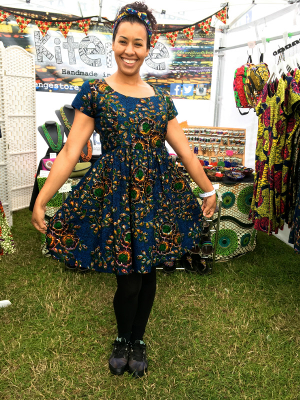 Kitenge customer called Nadine wearing her African print dress at Boardmasters music Festival in Newquay, UK