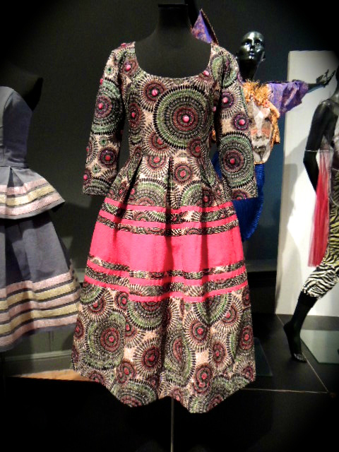 South African designer Thula Sindi's fit and flare dress displayed on a mannequin at the Fashion Cities Africa exhibition at Brighton Museum, UK, in January 2017