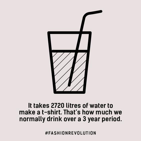 It takes 2720 litres of water to make a t-shirt. That's how much we normally drink over a 3 year period (Fashion Revolution fact)