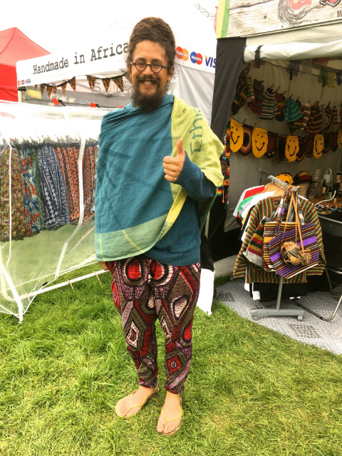 Benji from Super Dread feeling very comfortable in his brand new pair of African print trousers at Kaya world music and arts festival UK