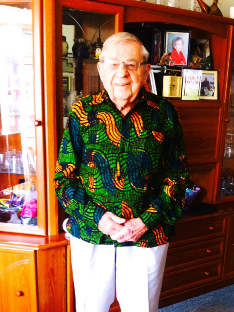 Kitenge founder's grandfather modelling one of his African print shirts