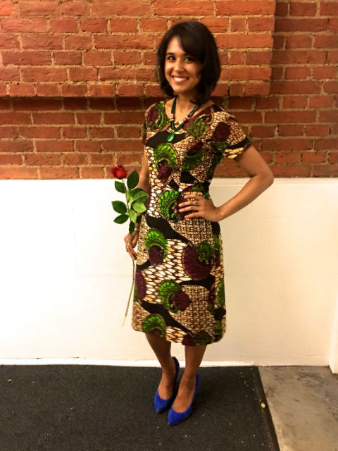 Tania Rahman Founder of Chit Chaat Chai an Indian street food restaurant in London wearing a Kitenge African print dress to a social enterprise awards ceremony