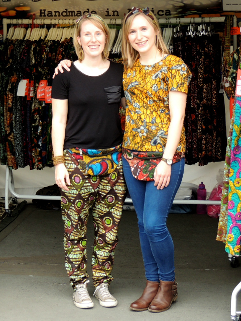 Kitenge Store Founder Sian and her sister wearing African print trousers and top at Africa on The Square in Trafalgar Square London