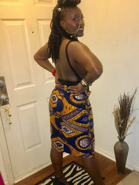 Women's amber African print skirt pencil style Kitenge Store customer wearing USA