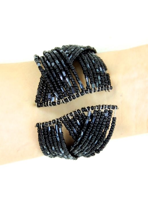 Black pewter Womens African Beaded Bracelet Back View Model Wearing