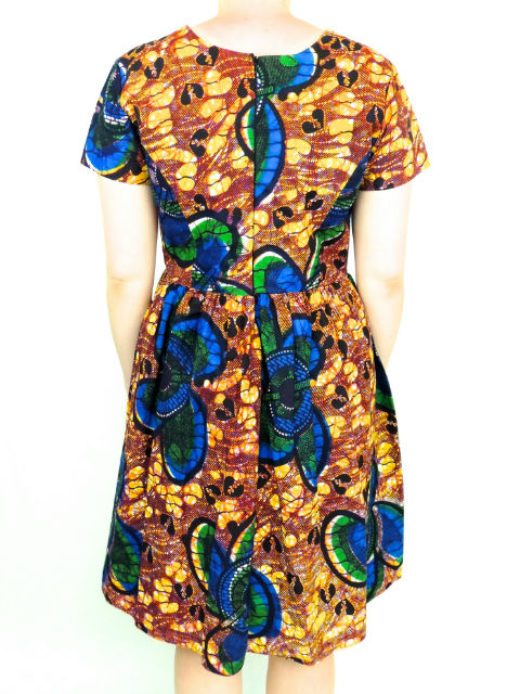 Yellow Womens African Print Flare Dress Back View