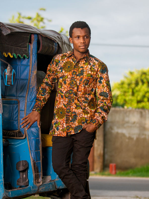 Green Floral Mens African Print Long Sleeve Shirt Model in Tanzania Wearing