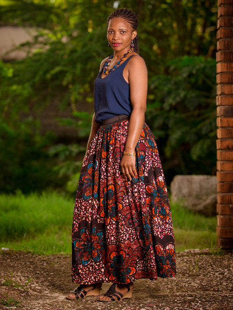 Red African Print Maxi Skirt Model Wearing | Kitenge Store