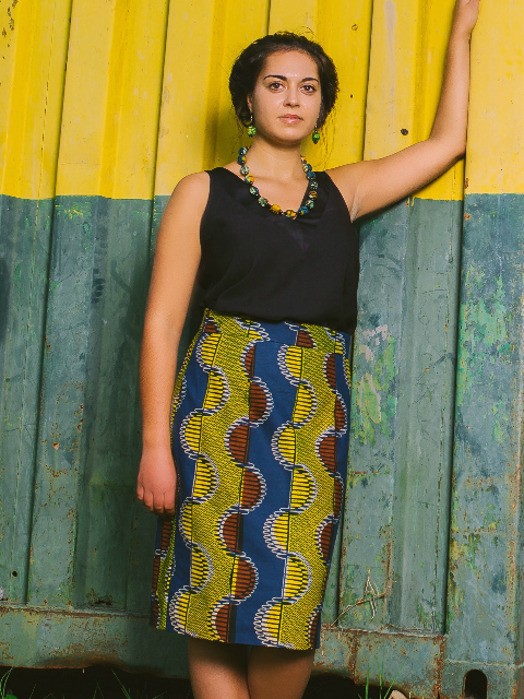 Yellow African print pencil skirt model wearing in Tanzania