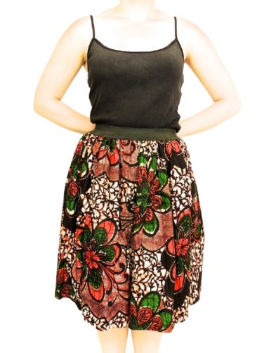 Women's red/green flower African print fabric flare skirt model wearing front view