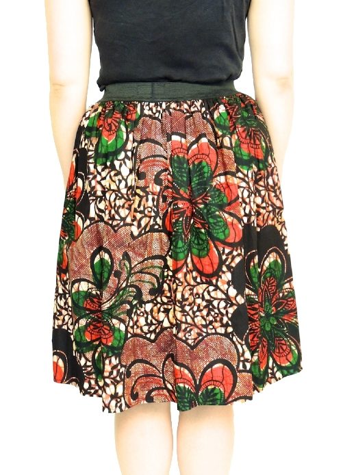 Women's red/green flower African print fabric flare skirt model wearing back view