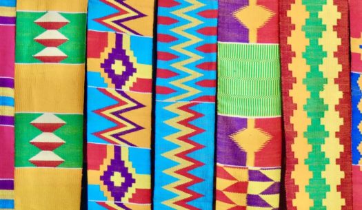 Colourful Ashanti kente cloth strips handwoven Ghana West Africa