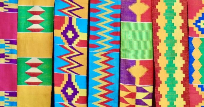 Colourful Ashanti kente cloth strips handwoven Ghana West Africa