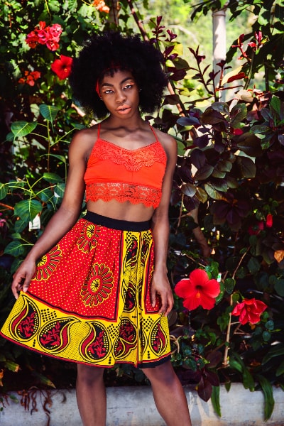 Red yellow African print skirt kanga African print fabric model wearing