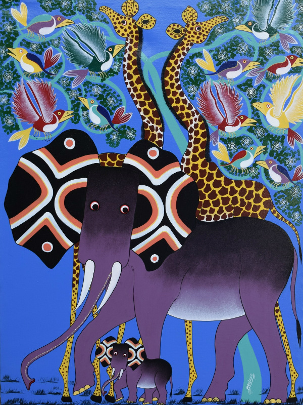Tinga tinga painting by Tanzanian artist with elephants and giraffes