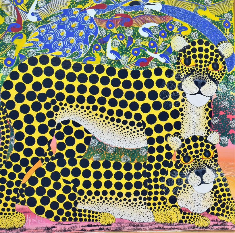 A tinga tinga painting with cheetahs and flamingoes from Tanzania