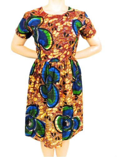 Women's yellow African print flare dress model wearing front view