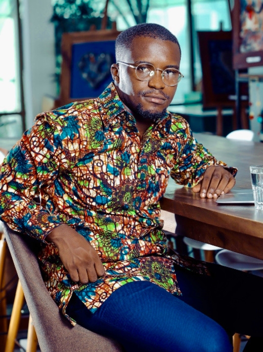 Men's green/blue floral custom-made African print long sleeve shirt model wearing front view
