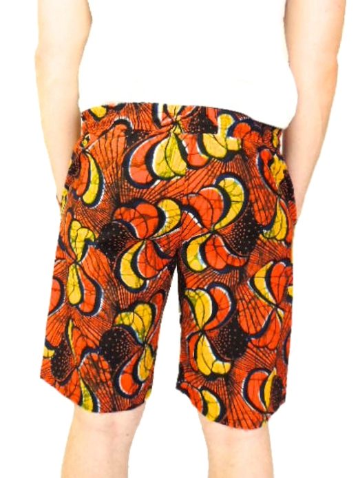 Men's red/yellow African print custom-made shorts model wearing back view
