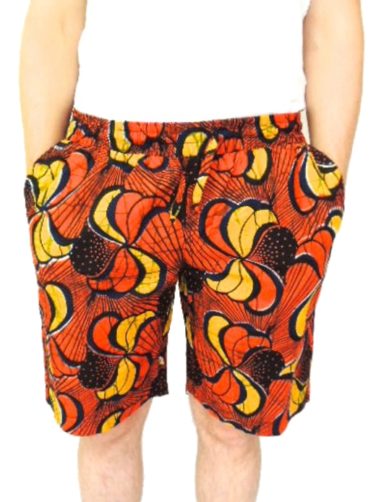 Men's red/yellow African print custom-made shorts model wearing front view