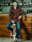 Men's red/green custom-made African print long sleeve shirt model wearing front view full outfit
