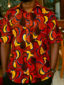 Men's red/yellow peacock custom-made African print short sleeve shirt model wearing closeup