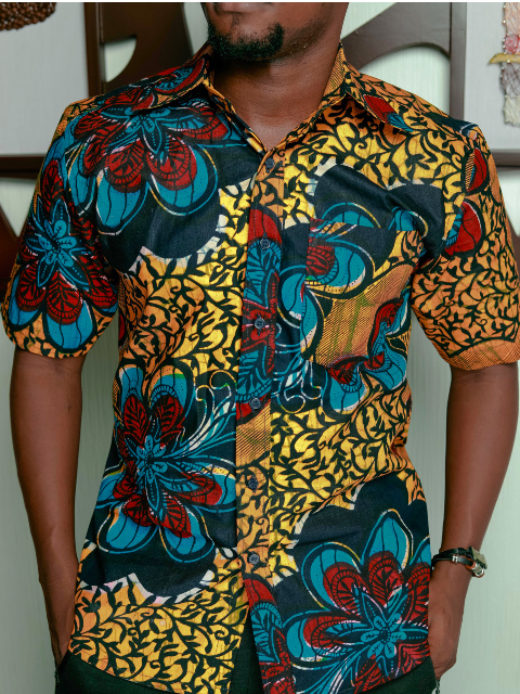 Men's yellow/blue flower custom-made African print short sleeve shirt model wearing front view