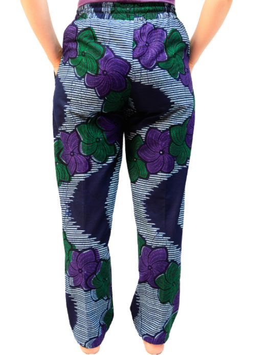 Women's blue green purple made to measure African print trousers model wearing back view