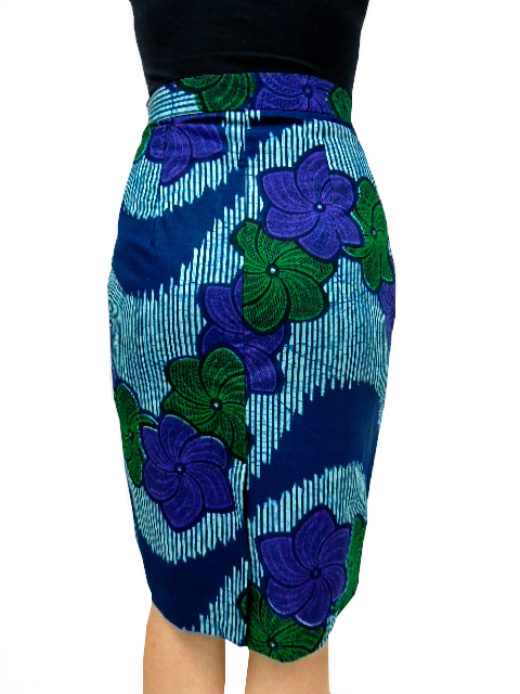 Women's made to measure blue green purple pencil skirt model wearing back view