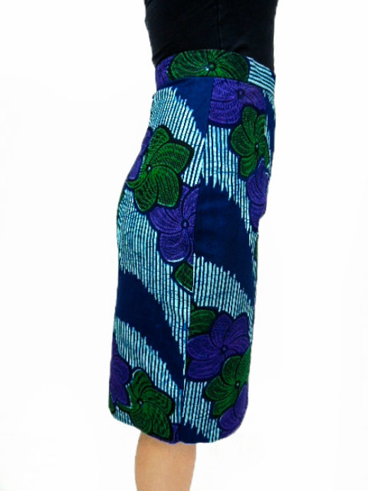 Women's made to measure blue green purple pencil skirt model wearing side view