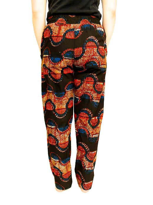 Women's red/black/blue African print made to measure trousers model wearing back view