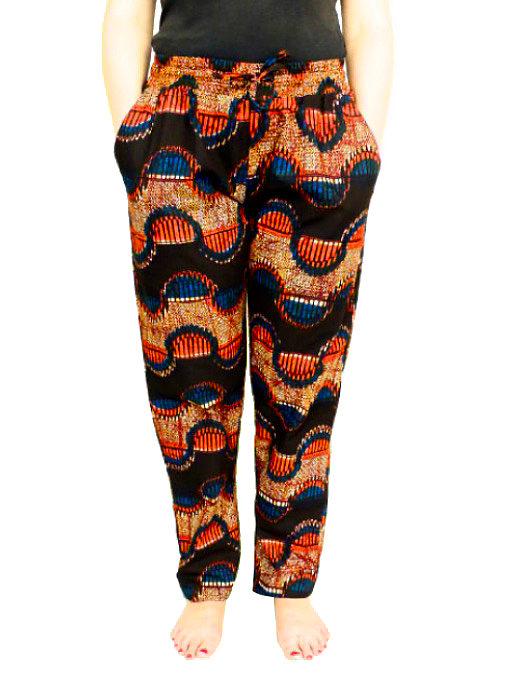 Women's red/black/blue African print made to measure trousers model wearing front view