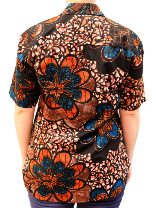 Women's red blue flower made to measure short sleeve shirt model wearing back view
