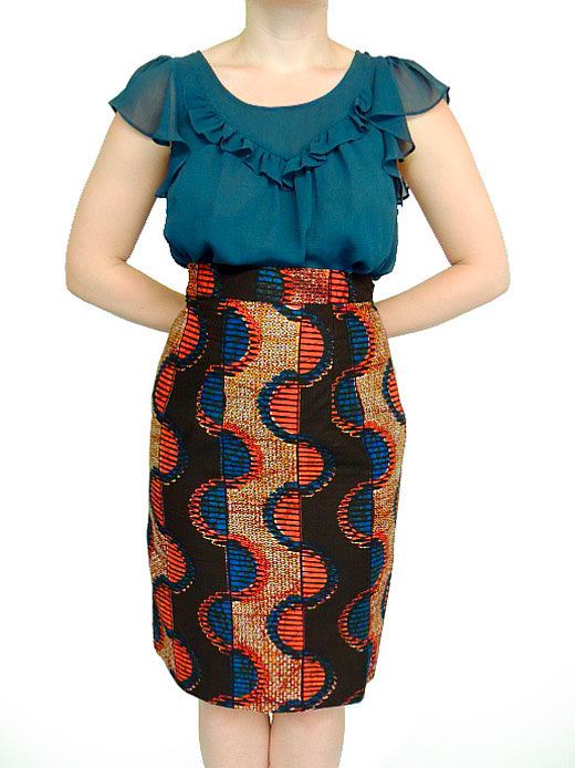 Women's red/blue jigsaw African print pencil skirt model wearing front view
