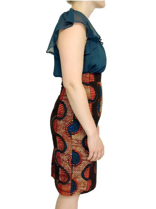 Women's red/blue jigsaw African print pencil skirt model wearing side view
