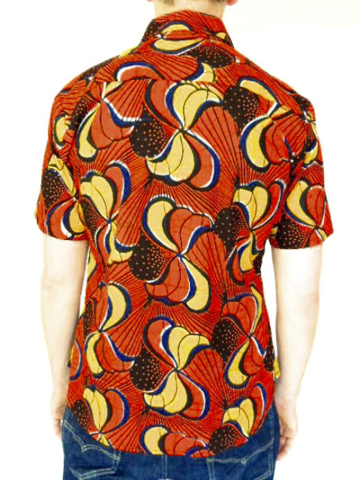 Men's red African print short sleeve shirt model wearing back view
