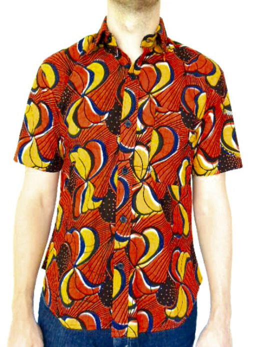 Men's red African print short sleeve shirt model wearing front view