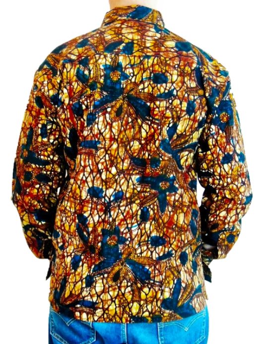 Men's ready to wear brown/blue African print long sleeve shirt model wearing back view hands in pockets