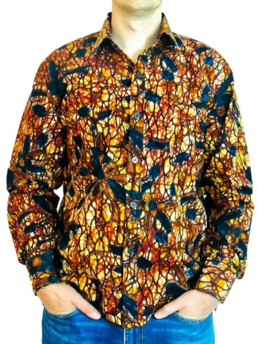 Men's ready to wear brown/blue African print long sleeve shirt model wearing front view hands in pockets