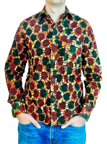 Men's red/green African print long sleeve shirt model wearing front view hands in pockets