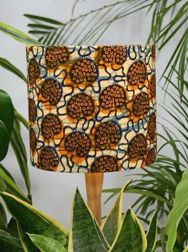 Yellow/cream shells African print fabric lampshade handmade by Tropikala using Kitenge Store ankara fabric