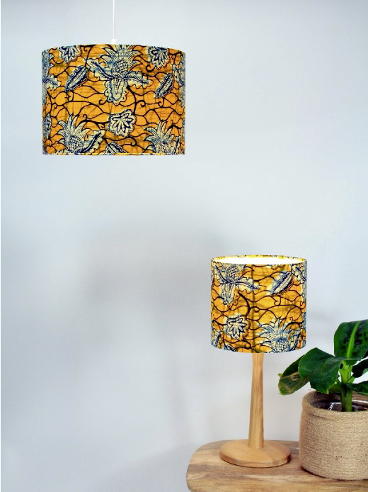 Yellow pineapple African wax print fabric lampshades handmade by Tropikana using Kitenge Store ankara fabric