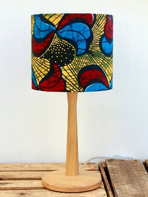 Yellow/red/blue peacock African wax print fabric lampshade handcrafted by Tropikala using Kitenge Store ankara fabric