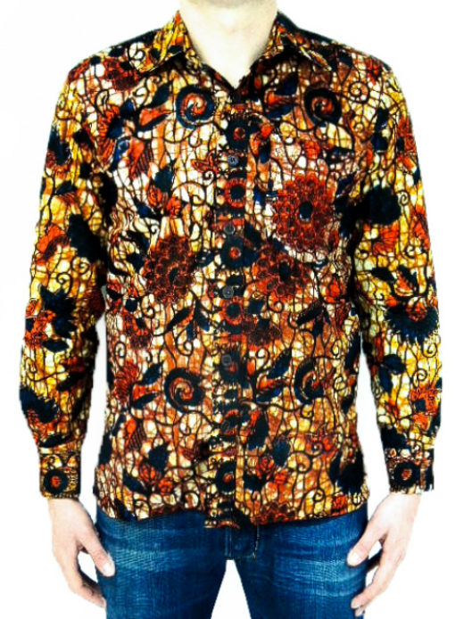 Men's red floral African print shirt with long sleeves model wearing front view
