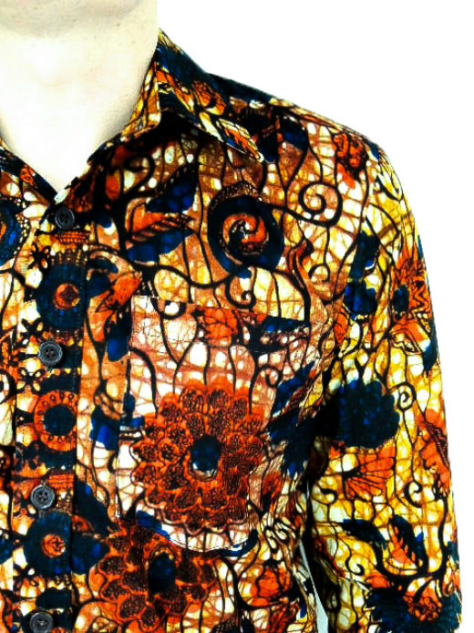 Men's red floral African print shirt with long sleeves model wearing side pocket closeup