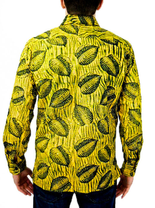 Men's yellow leaf African print shirt with long sleeves model wearing back view