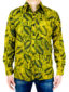 Men's yellow leaf African print shirt with long sleeves model wearing front view